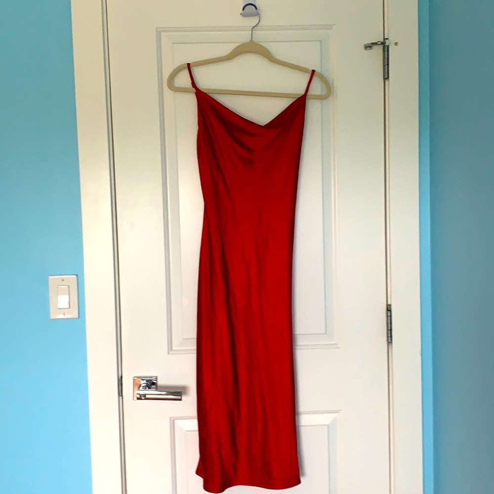 NWT red, satin, cowl-neck, slip dress